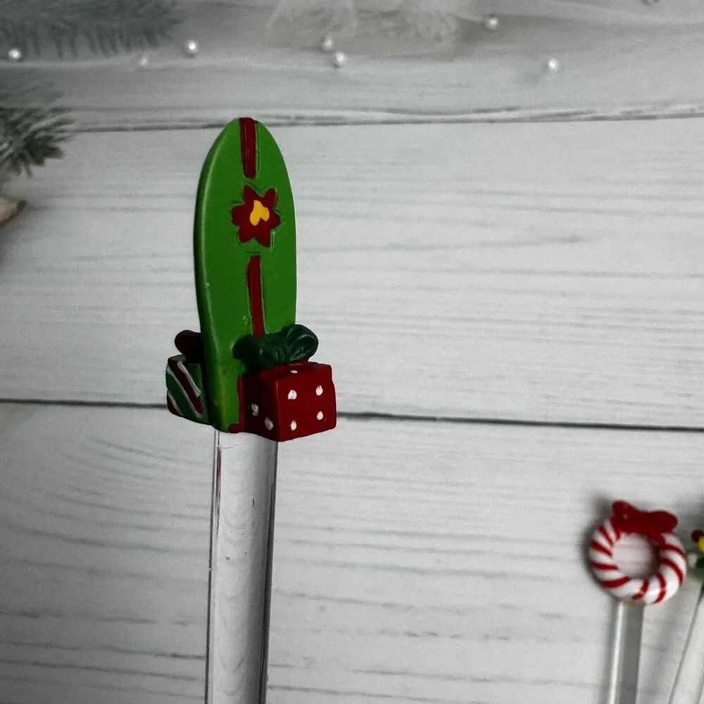 Pier 1 Glass Cocktail Swizzle Sticks Christmas Tree Presents‎ Wreath Surfboard